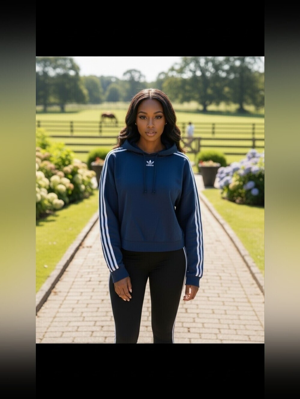 Adidas Originals Navy Blue Cropped Hoodie 3-Stripe Trefoil Logo Athletic XL